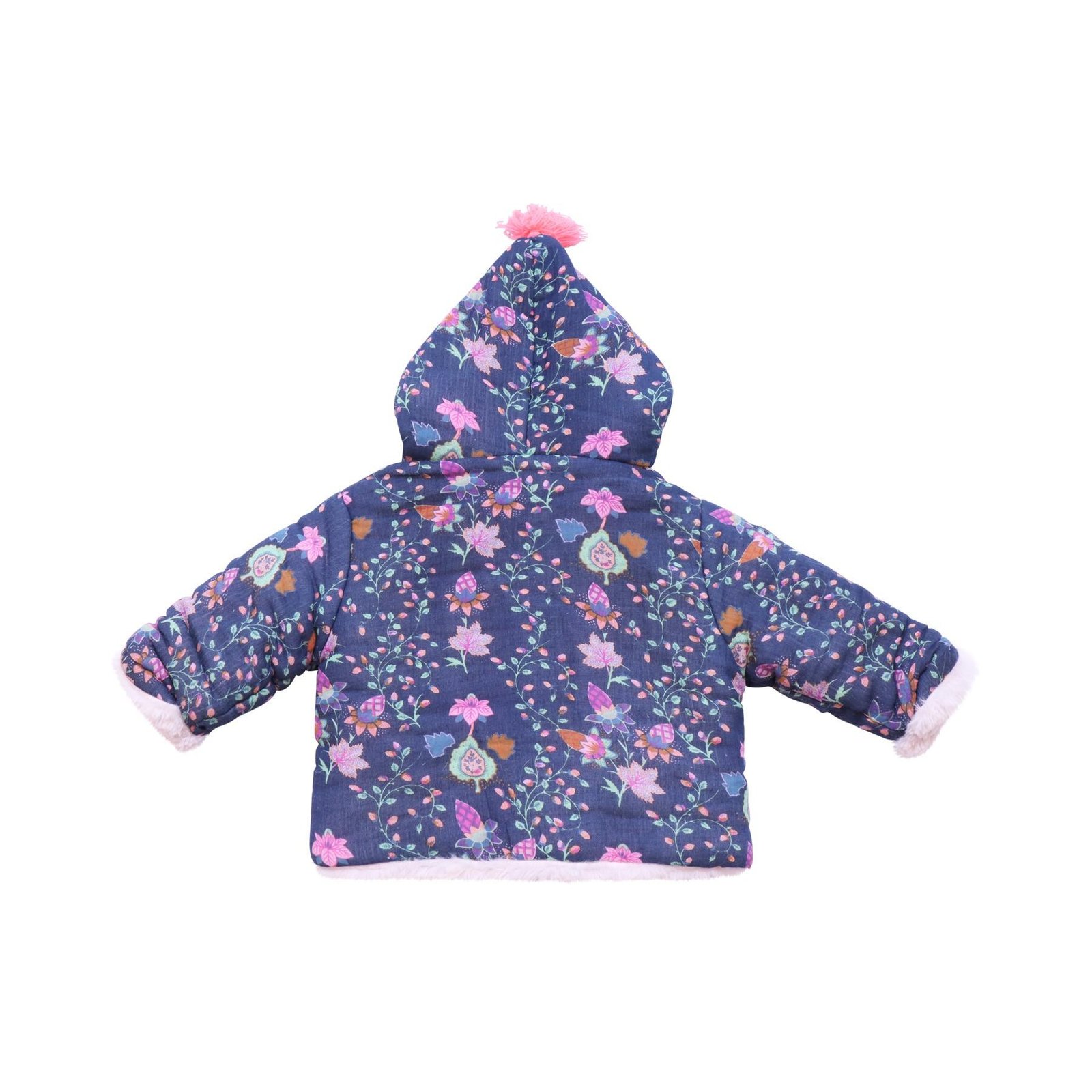 Fur-lined Hooded Print Jacket | Blue Multi 9m - Designed by Louise Misha